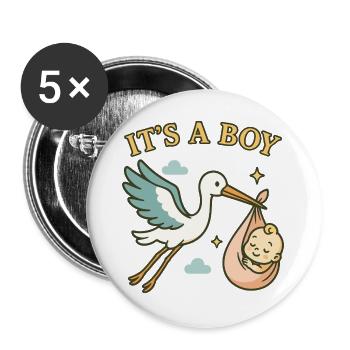 Hello Baby Boy - Storch bringt Baby – It's a Boy - Buttons groß 56 mm (5er Pack) - Weiß - Vorne