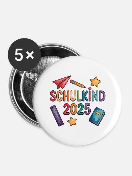 Einschulung 2025 - Buttons groß 56 mm (5er Pack) - Weiß