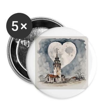 Kirche / Leuchtturm im Dorf unter Mond-Herz-Form - Buttons groß 56 mm (5er Pack) - Weiß - Vorne
