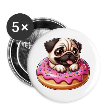 Carlin mignon avec beignet dessin animé amoureux des chiens - Lot de 5 grands badges (56 mm) - blanc - Devant