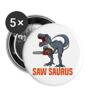 Scie Saurus Dino avec tronçonneuse Fun Design - Lot de 5 grands badges (56 mm) - blanc - Devant