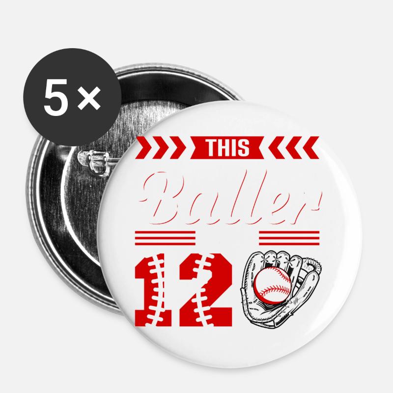 Jungen 12. Geburtstag - Baselball - Buttons groß 56 mm (5er Pack) - Weiß