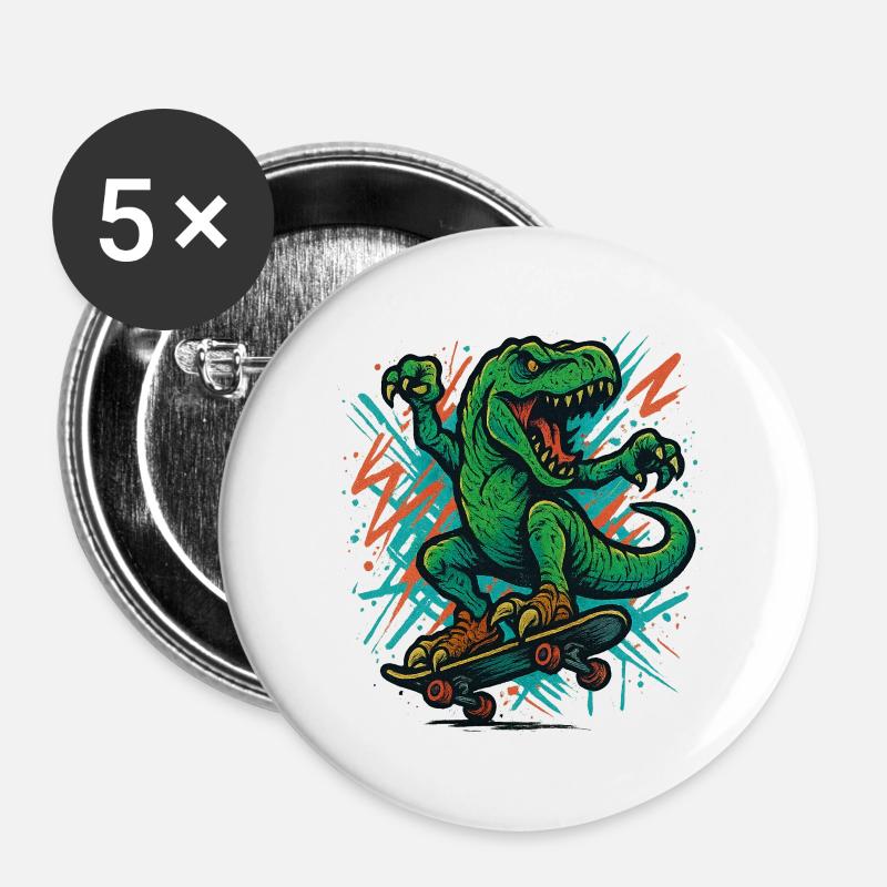 Dino with skateboard - Buttons large 2.2''/56 mm (5-pack) - white