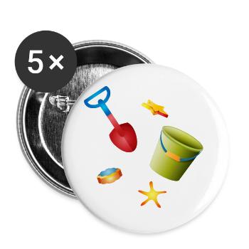 Pelle colorée et seau avec des moules sur la plage - Lot de 5 grands badges (56 mm) - blanc - Devant