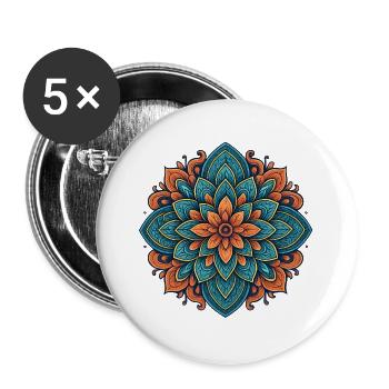 Detaillierte Mandala Blume in Blau und Orange - Buttons groß 56 mm (5er Pack) - Weiß - Vorne