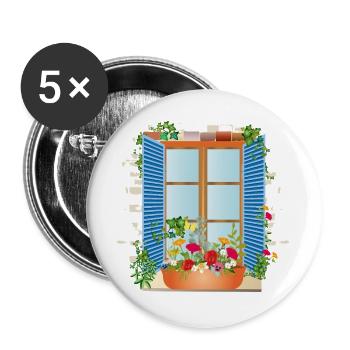 Sommerliches Fenster mit Blumenkasten - Buttons groß 56 mm (5er Pack) - Weiß - Vorne