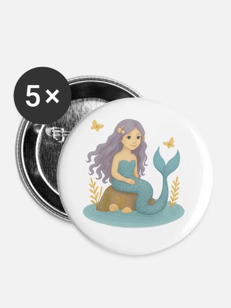 Nordische Fantasie - Lila Meerjungfrau - Buttons groß 56 mm (5er Pack) - Weiß