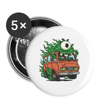 Monstre vert dans un fourgon rétro - Lot de 5 grands badges (56 mm) - blanc - Devant