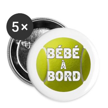 Bébé à bord balle de tennis. Autocollant voiture - Lot de 5 grands badges (56 mm) - blanc - Devant