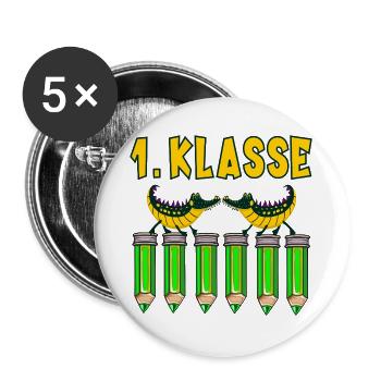 Einschulung 1. Klasse Alligatoren - Buttons groß 56 mm (5er Pack) - Weiß - Vorne