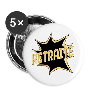 CADEAUX DE RETRAITE 2026 - ADIEU RETRAITÉ - Lot de 5 grands badges (56 mm) - blanc - Devant