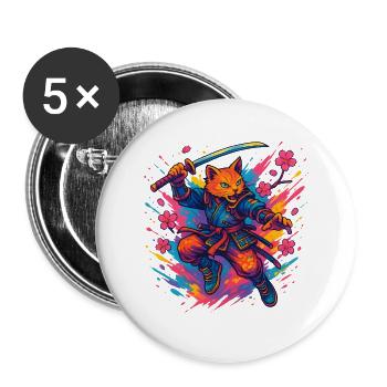 Samurai-style cat warrior - Buttons large 2.2''/56 mm (5-pack) - white - Front