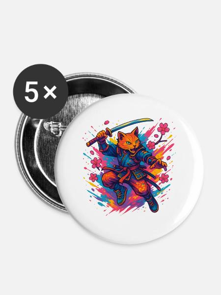 Katzen-Krieger im Samurai-Stil - Buttons groß 56 mm (5er Pack) - Weiß
