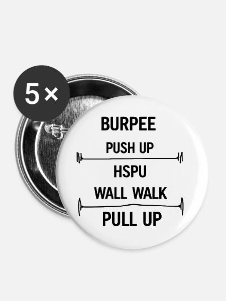 Burpees Fitnessmovement - Buttons groß 56 mm (5er Pack) - Weiß