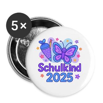 Schulanfang 2025 „Schmetterling“ - Buttons groß 56 mm (5er Pack) - Weiß - Vorne