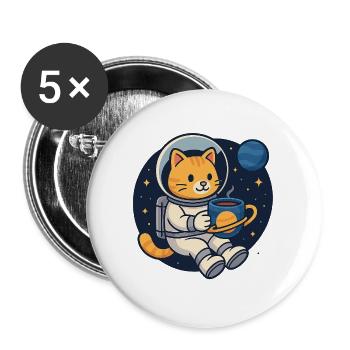 Astro Cat Coffee Break – Kawaii Space Shirt - Buttons groß 56 mm (5er Pack) - Weiß - Vorne