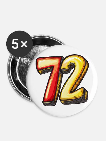 72 Zahl Comic - Buttons groß 56 mm (5er Pack) - Weiß