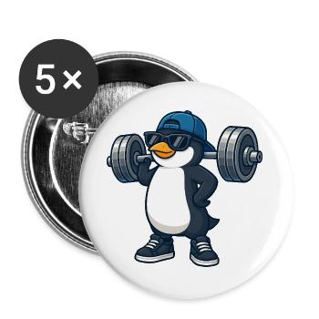 Pingouin cool avec haltère fitness musculation - Lot de 5 grands badges (56 mm) - blanc - Devant
