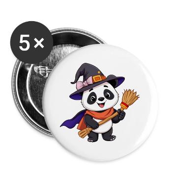 Niedlicher hexenhafter Halloween Panda mit Besen - Buttons groß 56 mm (5er Pack) - Weiß - Vorne