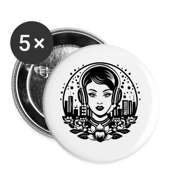 Comptine hip-hop : femme, casque, disque - Lot de 5 grands badges (56 mm) - blanc - Devant