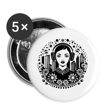 Trottoir urbain – femme, casque audio, portail - Lot de 5 grands badges (56 mm) - blanc - Devant