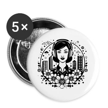 Woman Face – Woman, Headphones, Skyline, Square - Buttons large 2.2''/56 mm (5-pack) - white - Front