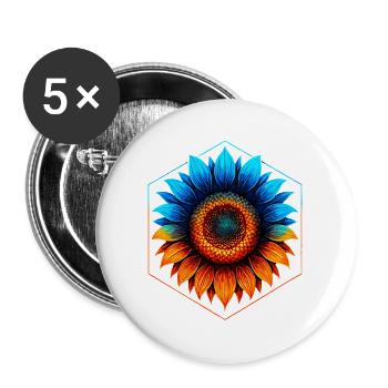 Sonnenblumenblau und -gold, leuchtendes Orange - Buttons groß 56 mm (5er Pack) - Weiß - Vorne
