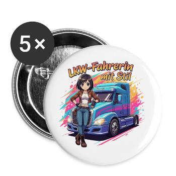 LKW-Fahrerin mit Stil - Buttons groß 56 mm (5er Pack) - Weiß - Vorne