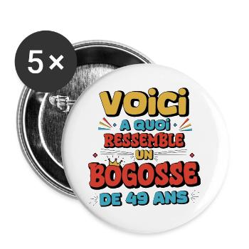 Humorkino Jubiläum 49 Jahre - Buttons groß 56 mm (5er Pack) - Weiß - Vorne