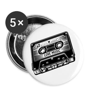 Cassette with Love Music lettering - Buttons large 2.2''/56 mm (5-pack) - white - Front