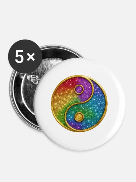 Regenbogen-Yin-Yang mit funkelnden Sternen - Buttons groß 56 mm (5er Pack) - Weiß