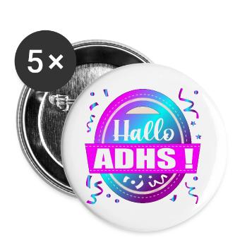 HALLO ADHS PARTY - Buttons groß 56 mm (5er Pack) - Weiß - Vorne