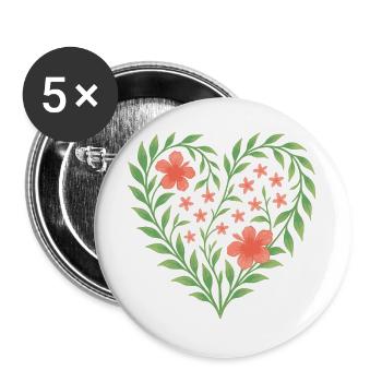 Blumenherz mit zarten roten Blüten - Buttons groß 56 mm (5er Pack) - Weiß - Vorne