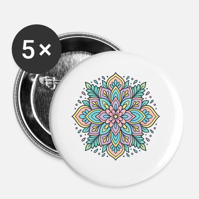 Mandala de fleurs - Lot de 5 grands badges (56 mm) - blanc