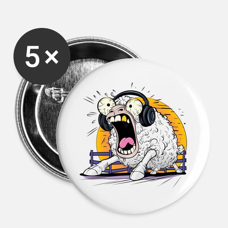 Heulende Schafe mit Kopfhörern - Buttons groß 56 mm (5er Pack) - Weiß