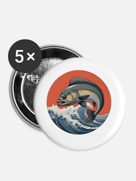 Fisch Logo Wasser im Sturm - Buttons groß 56 mm (5er Pack) - Weiß