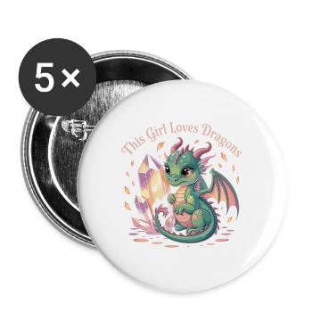 Girl's love for dragons with crystal - Buttons large 2.2''/56 mm (5-pack) - white - Front