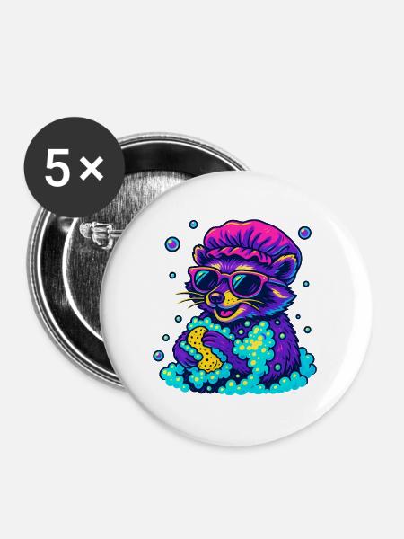 Neon Waschbär - Buttons groß 56 mm (5er Pack) - Weiß