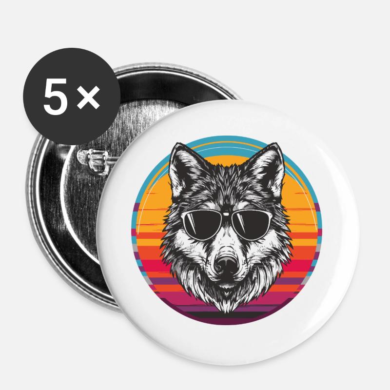 Cool Wolf mit Sonnenbrille im Retro-Design - Buttons groß 56 mm (5er Pack) - Weiß
