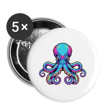 Bunte Oktopus-Illustration mit Neon-Akzenten - Buttons groß 56 mm (5er Pack) - Weiß - Vorne