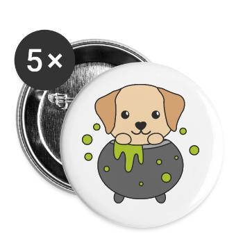 Labrador Happy Halloween Hexenkessel Fledermaus - Buttons groß 56 mm (5er Pack) - Weiß - Vorne