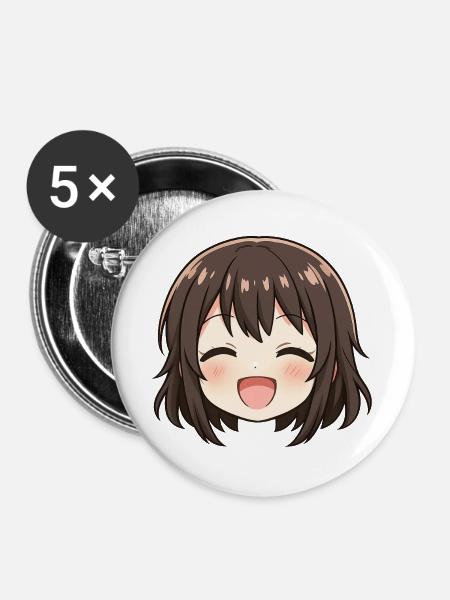 Chibi Gesicht Braunes Lächeln - Buttons groß 56 mm (5er Pack) - Weiß