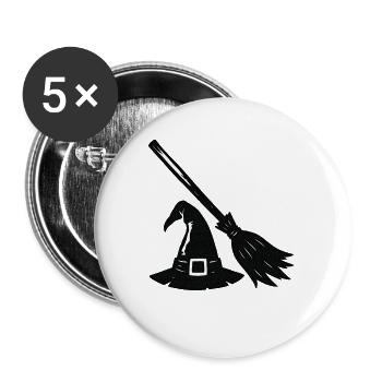 Chapeau de sorcière et silhouette de balai - Lot de 5 grands badges (56 mm) - blanc - Devant