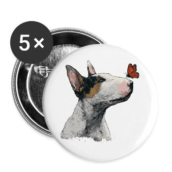 Neugieriger Bullterrier mit Schmetterling - Buttons groß 56 mm (5er Pack) - Weiß - Vorne