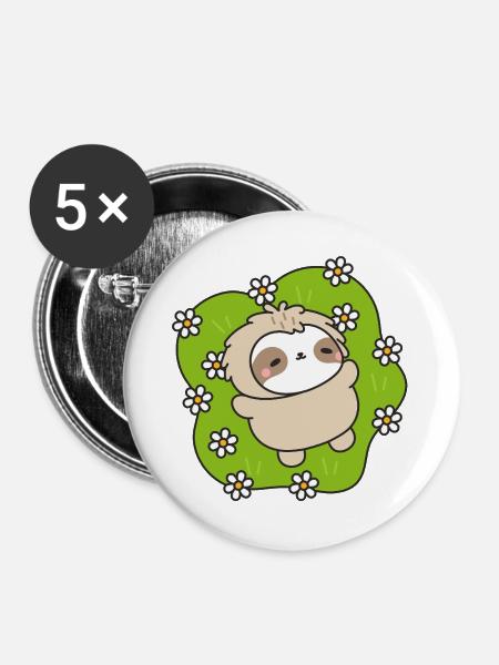 Faultier auf der Blumenwiese - Buttons groß 56 mm (5er Pack) - Weiß