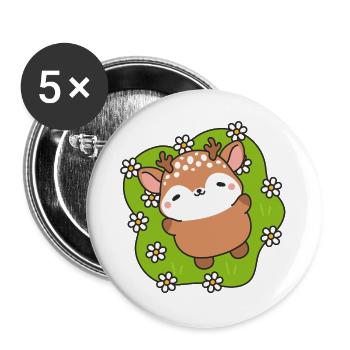 Niedlicher Hirsch in Blüte auf grünem Gras - Buttons groß 56 mm (5er Pack) - Weiß - Vorne
