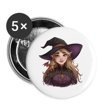 Fantasy Hexe mit Drachen auf der Schulter - Buttons groß 56 mm (5er Pack) - Weiß - Vorne