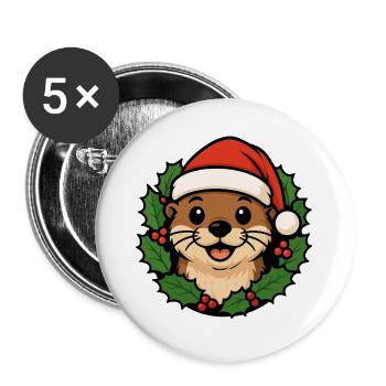 Weihnachts Otter – Lustiges XMAS Tier Cartoon - Buttons groß 56 mm (5er Pack) - Weiß - Vorne