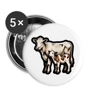Mutterkuh mit Kalb – Retro Tierillustration - Buttons groß 56 mm (5er Pack) - Weiß - Vorne