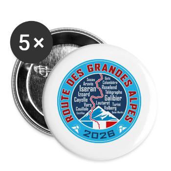 Route des Grandes Alpes | V3 | 2026 - Buttons groß 56 mm (5er Pack) - Weiß - Vorne